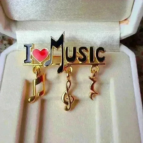 Vintage Jewelry - Vintage Gold-toned with black letter red heart Music note theme pin brooch